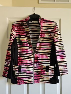 Erin London Stretchy Double Pocket Jacket Top Sz S Striped Rose Pattern